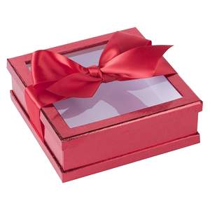 Elegante Caja de Regalo Rígida Roja con Ventana Transparente y Lazo de Satén para Empaque de Regalos Festivos de Primera Calidad - Product Image 1