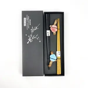 Environmentally-friendly 2 pairs of black and natural wood heart shape chopsticks 2 plum shape chopsticks holder gift set
