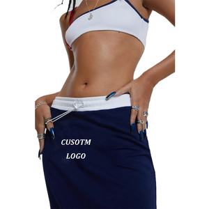 Jupe longue de style sport pour femme avec logo personnalisé, en jersey de coton tricoté, à rayures latérales, jupe maxi, jupe midi sportive marine - Product Image 5