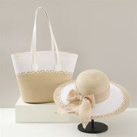 Conjunto de Sombrero de Paja Panamá Azul y Blanco de Ala Ancha para Mujer y Bolso Tote, 2 Piezas, Rayado, Casual, para Viajes y Ciclismo