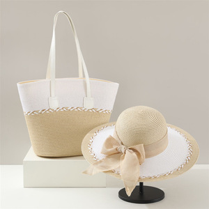 Ensemble Chapeau de Plage en Paille <span class=keywords><strong>Bleu</strong></span> et Blanc pour <span class=keywords><strong>Femme</strong></span> et Sac Fourre-tout – Lot de 2 Pièces : Chapeau de Soleil à Large Bord avec Nœud et Sac à Bandoulière Tressé pour les Vacances - Product Image 2