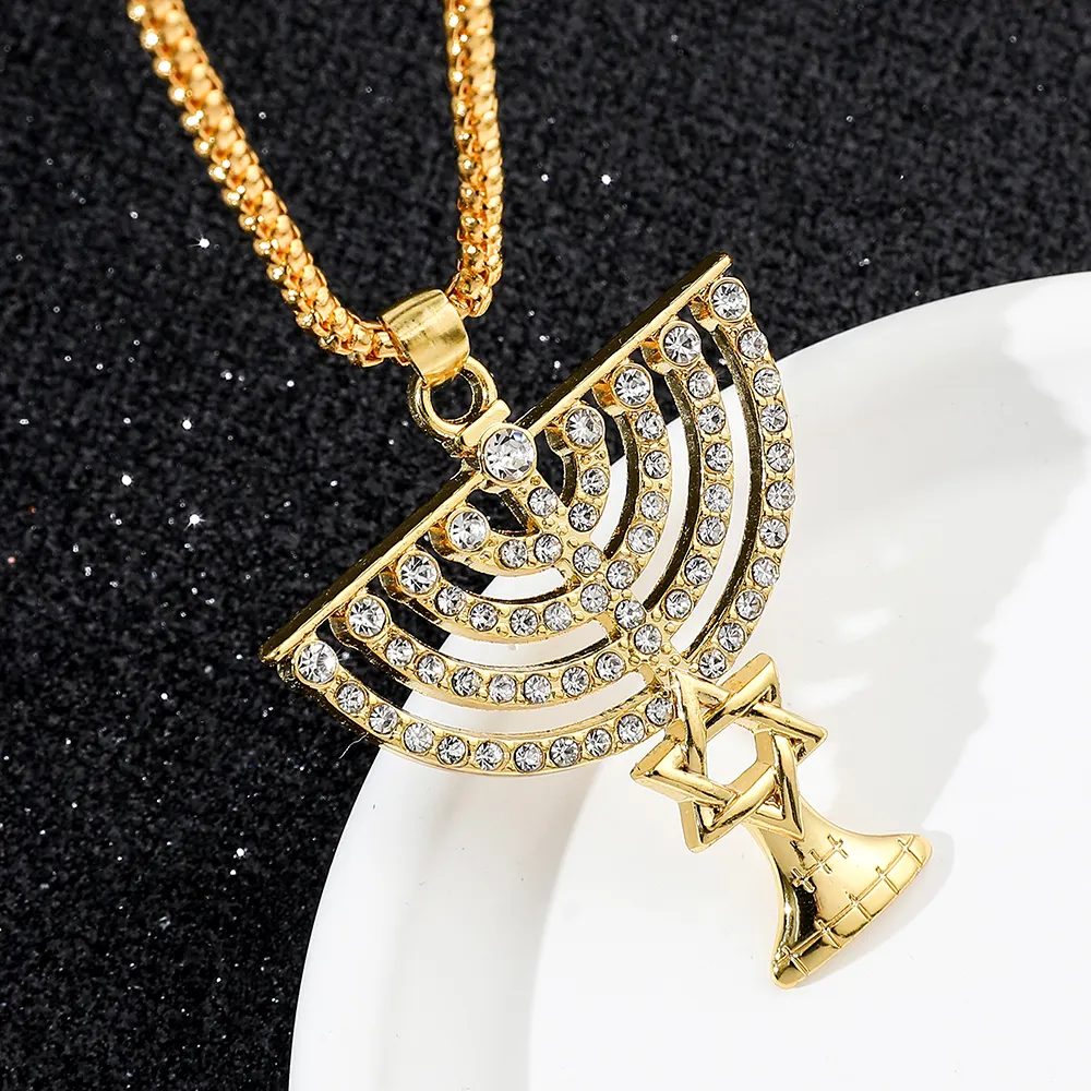 Personalizzato personalizzato Menorah collana ciondolo Color oro con zircone impostazione Magen stella di David gioiello religioso israele