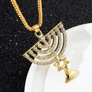 Custom Personalized Menorah Pendant Necklace Gold Color With Zircon Setting Magen Star Of David Jewish Religious Israel Jewelry