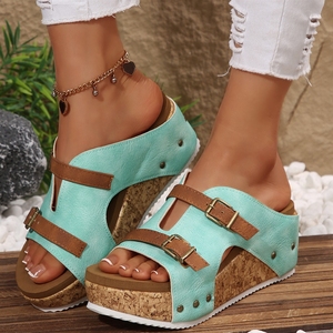 Sandales compensées pour femmes, vente en gros d'usine, été 2026, à bout ouvert, en liège, à double bride, chaussures décontractées - Product Image 2