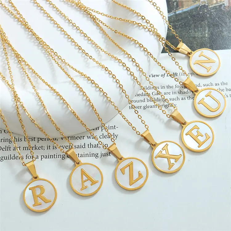 SP Stainless Steel Jewelry 18K Gold Plated Round Coin Shell A-Z Initial Letter Pendant Necklace