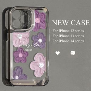 Coque de téléphone anti-chute à couverture intégrale motif fleur peinture à l'huile rose et violette pour iPhone 12/13/14/15/16/17 Pro Max - Product Image 2