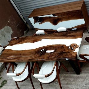 Nouvelle <span class=keywords><strong>table</strong></span> à manger en bois massif de style moderne avec plateau en résine époxy transparente - Product Image 5