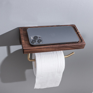 Porte-papier toilette mural en bois massif, en laiton, installation sans perçage, design rectangulaire minimaliste pour salle de bain - Product Image 2