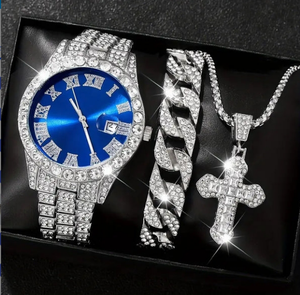 Conjunto de 3 Piezas de Relojes de Cuarzo con Cristales Románticos para Hombre y Mujer, Reloj de Acero Plateado, Collar con Cruz, Pulsera, Juego de Regalo - Product Image 3