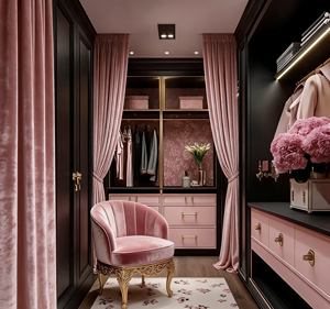 Clóset Moderno y Opulento Personalizado - Marco Negro y Detalles en Rosa, Herrajes Dorados Ornamentales e Iluminación LED, Tocador para Vestidor de Lujo - Product Image 6