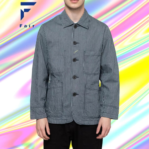 <span class=keywords><strong>Veste</strong></span> de boulangerie personnalisée <span class=keywords><strong>veste</strong></span> de corvée coupe légèrement décontractée Hickory Stripe Denim: 100% coton teinté indigo simple évent arrière - Product Image 1