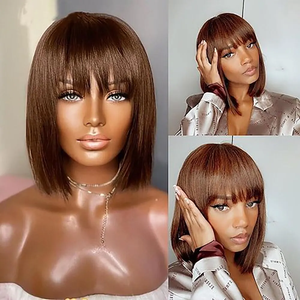 Perruque Carrée Droite Bob Complète et Épaisse <span class=keywords><strong>avec</strong></span> <span class=keywords><strong>Frange</strong></span> Couleur Chocolat 4# Cheveux Humains Indiens Courts et Lisses - Product Image 2