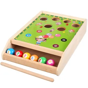 Venta al por mayor mini de madera de billar piscina juego de mesa 1 stick + 6 bolas divertido deporte portátil de madera de jugu