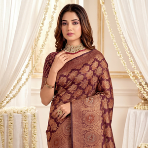 AARA Fashion <b>Maroon</b> Silk Floor-Length <b>Saree</b> with Gold Floral Print Sun Protection Traditional Indian Wedding Wear for Women - Product Image 1