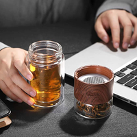 Nouvelle conception, bouteille d'eau en verre borosilicate à double paroi de 300 ml, couvercle à vis de qualité alimentaire, infuseur à thé pour la séparation du thé et de l'eau