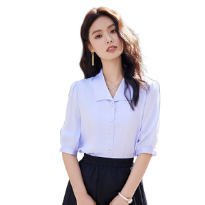 Women's White Shirt Solid Color Poplin Collared Short Sleeve Chic Commuter Top - Product Image 5