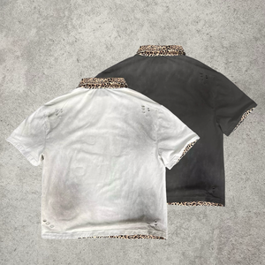 Custom Printed T-shirt Vintage Acid Wash Distressed Polo Shirt Men Oversized Boxy Fit Leopard Collar Streetwear Heavyweight Tee - Product Image 2