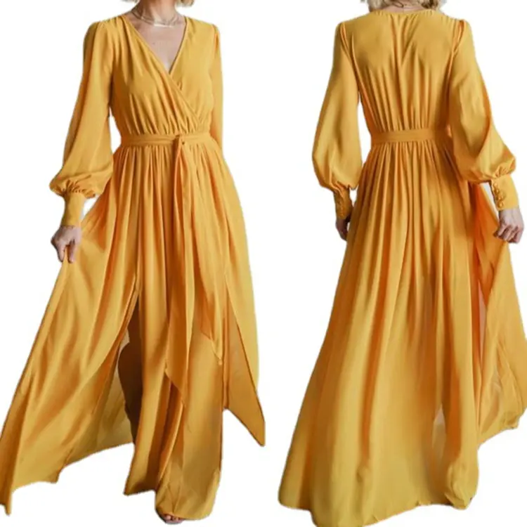 Hot Selling Custom Ladies Vestidos V Neck Maxi Chiffon Ruffle Elegant Dress Casual Women Summer Dresses