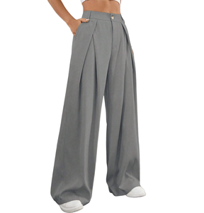 <span class=keywords><strong>Pantaloni</strong></span> da Completo Grigi a Vita Alta con Doppia Pieghe e Gamba Larga per Donna, Bottoni Nascosti, Casual da Ufficio, Produzione OEM ODM - Product Image 1