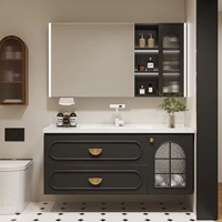 Meuble de salle de bain flottant noir, style moderne haut de gamme, imperméable, en bois rustique, avec ensembles de vasques