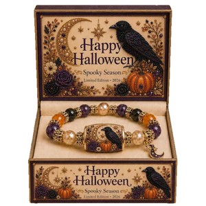 Bracelet à breloques perlé en jade style dessin animé d'Halloween, avec motifs citrouille, chauve-souris et chat, cadeau de bijoux unisexe - Product Image 2