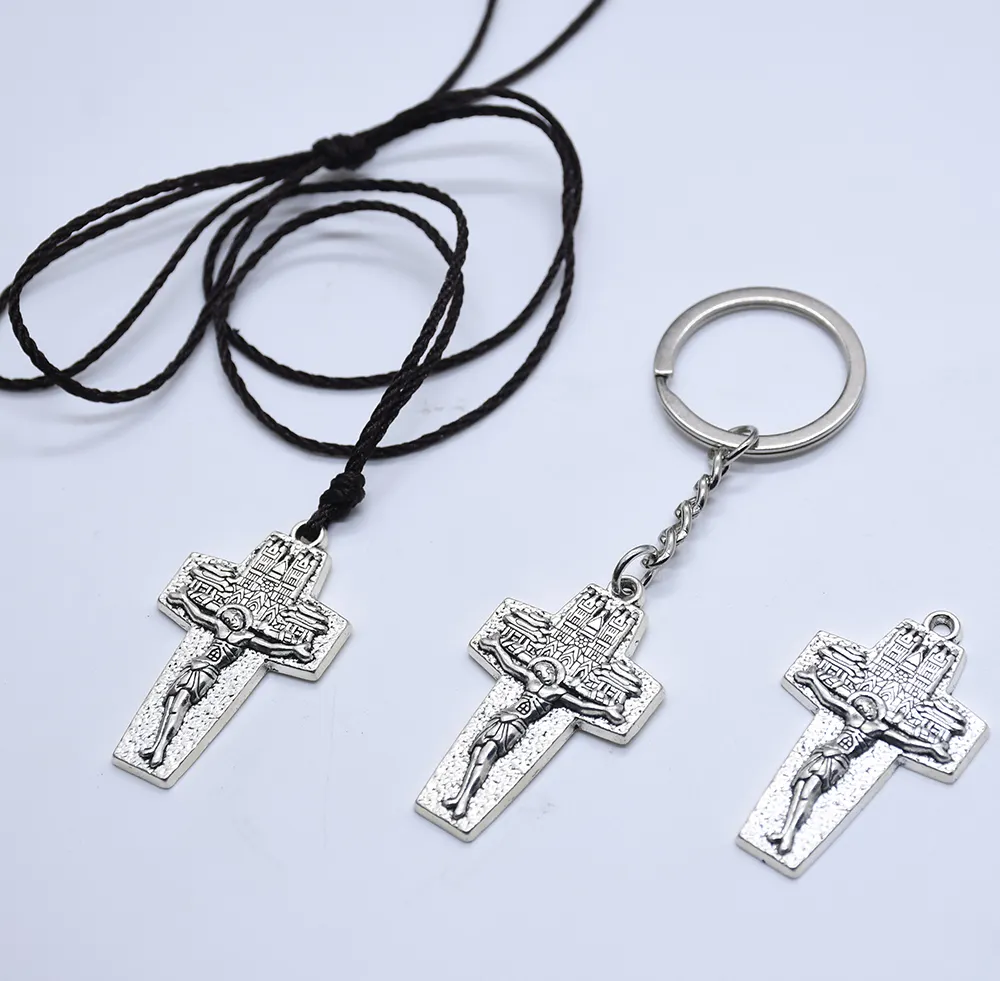 Chaveiro cruz da igreja com corda pingente, colar de cruz com crucifixo presente de promoção, joia de moda religiosa de jesus