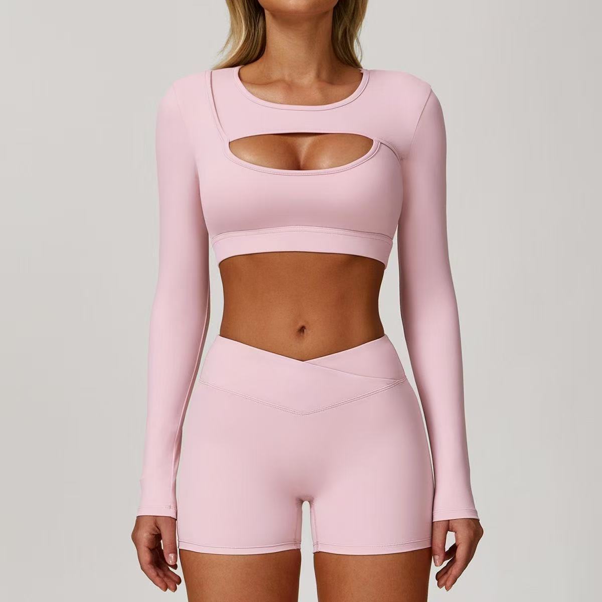 High-Waisted Reversible Plus Size V-Shaped Hip-Lift Solid Breathable Lightweight Yoga Shorts 2-Piece Set Backless Design Front