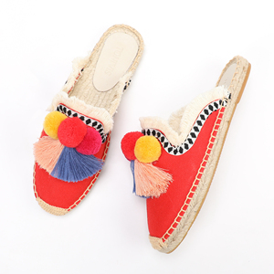Damen <span class=keywords><strong>Mule</strong></span> Flache Schuhe mit Quasten-Pompom und Blumenmuster, Modische Hochwertige Atmungsaktive Espadrilles für den Frühling - Product Image 5