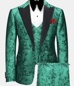 ที่กําหนดเองชุดพรหมคลาสสิกงานแต่งงานผู้ชาย Tuxedo หรูหราสีเขียวดอกไม้ Tuxedo 3 ชิ้นชุดผู้ชาย