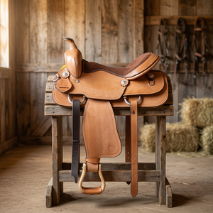 Selle de cheval en cuir repoussé style western simple – Selle de cowboy embossée avec accents turquoise et étriers - Product Image 1