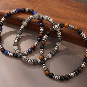 패션 스테인레스 스틸 호랑이 눈 지도 돌 청금석 페르시 탄성 수제 조정 팔찌 유행 보석 남자 - Product Image 2