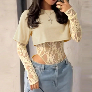 Combinaison <span class=keywords><strong>Femme</strong></span> OEM Personnalisée 2-en-1 : Crop Top en Dentelle et Maille Sexy à Manches Longues, Style Streetwear et Clubwear, Une Pièce - Product Image 4