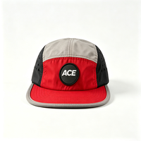 Casquette de camping 5 panneaux avec logo personnalisé en patch tissé, toile noire et rouge découpée au laser, pour activités de plein air, sport, voyage, adultes, unisexe, légère et à séchage rapide