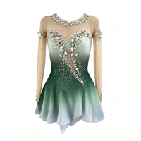 Robe de patinage artistique pour adultes et enfants, dégradé vert et blanc, maille, manches longues, chaîne de strass au dos, costume de performance et de compétition