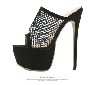 Sandales pour femmes faites à la main sur mesure 2025, style européen et américain, nouvelles pantoufles à talon haut de 16 cm en maille ajourée à bout ouvert - Product Image 3