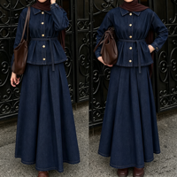Ensemble Abaya deux pièces bleu denim personnalisé avec ceinture, taille froncée, vêtements modestes pour femmes musulmanes, Abaya tendance