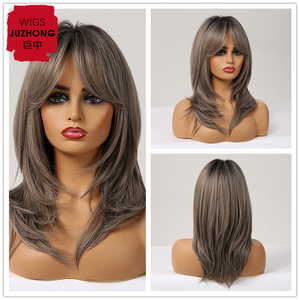 Donne Resistenti Al Calore In Fibra di Frangetta Ombre Nero Marrone Grigio Cenere Dei Capelli Media Layered Etero <span class=keywords><strong>Parrucca</strong></span> Sintetica - Product Image 4