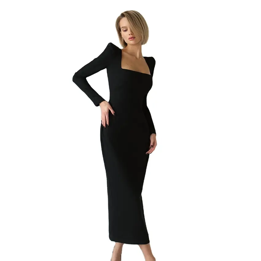 2022 Vetements Femme Chic Women Elegant Square Neck Padded Long Sleeve Cocktail Party Maxi Ladies Evening Dresses