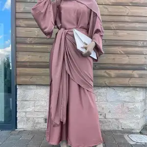 2359 Ramadan 2023 EID Soft Satin Set Langarm kleid Plus bescheidene Abaya 2-teilige Sets Dubai für muslimische Damen Islamische Kleidung