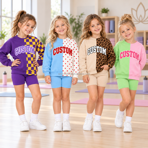 Fabricant de sweat-shirts personnalisés pour enfants, sweat-shirt à manches longues à col rond, mi-solide et mi-léopard, pour filles - Product Image 1
