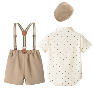 Catpapa Vente en gros Ensemble de cérémonie 4 pièces pour bébés garçons : Body à pois, Short à bretelles kaki, Nœud papillon, <span class=keywords><strong>Béret</strong></span> - Product Image 2