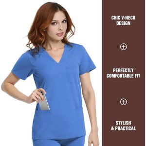 Women Scrub Top V-Neck 4 Pocket Premium Stretch Medical Workwear Hospital Uniform Blue - Product Image 2
