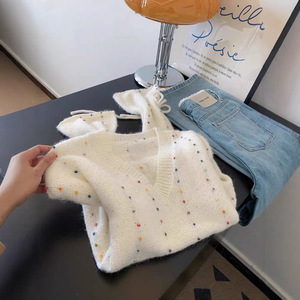 Pull à col en V pour femme, haut en tricot ample à manches longues avec pois, anti-boulochage, pour l'automne et l'hiver - Product Image 1