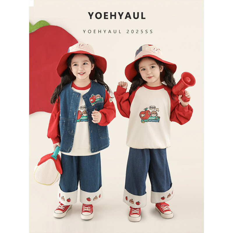 YOEHYAUL C3223 серии Apple, комплекты одежды для маленьких девочек, рубашка с длинным рукавом, джинсовый жилет, комплект одежды для девочек
