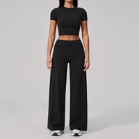 Nouvel ensemble de fitness amincissant couleur unie, respirant, à compression, séchage rapide, extensible dans les quatre sens, composé d'un crop top à manches courtes et d'un pantalon à taille repliable