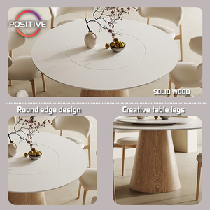 Mesa de comedor de madera maciza de estilo crema, piedra sinterizada redonda, minimalismo moderno, sala de estar, hogar, mesa de comedor, - Product Image 3