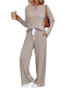 Conjunto de 2 piezas de punto acanalado cepillado para mujer, otoño-invierno 2026, suelto, de manga larga, con pantalón, chándal, venta al por mayor - Product Image 3
