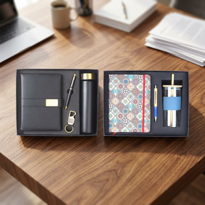 Ensemble cadeau d'entreprise personnalisé en cuir PU, gravé et imprimé en sérigraphie, comprenant un agenda, un stylo, un porte-clés, boîte cadeau couleur personnalisée - Product Image 4