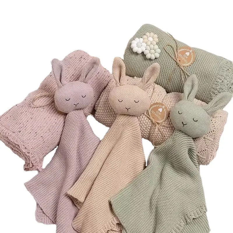 Ins sıcak satış 100% organik pamuk Bunny oyuncak ayı Newborn hayvan örme bebek yorgan için güvenlik örtüsü yenidoğan