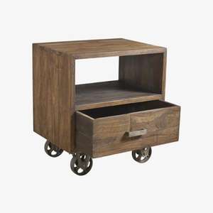 Mesita de noche elegante para dormitorio hecha a mano en madera maciza de teca completada en un acabado vintage con un borde de ladrillo de aspecto rústico - Product Image 2